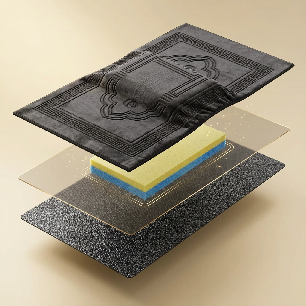 Vizualizim 3D i shtresave të SajdahNur: kadife mbretërore, shtresë goditjeje, bërthamë memory foam dhe bazë silikoni antirrëshqitëse